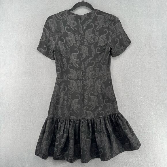 Sandro Paris Ruffle Hem Mini Dress Womens 1 Black Tiger Print Short Sleeve - Picture 2 of 16
